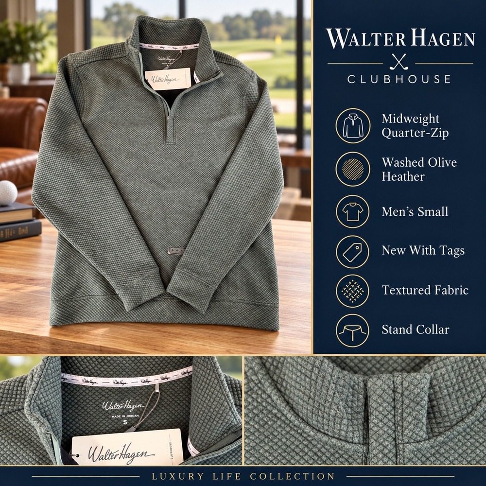 Walter Hagen Mens Clubhouse Midweight 1/4 Zip Washed Olive Heather S MGA36158HB
